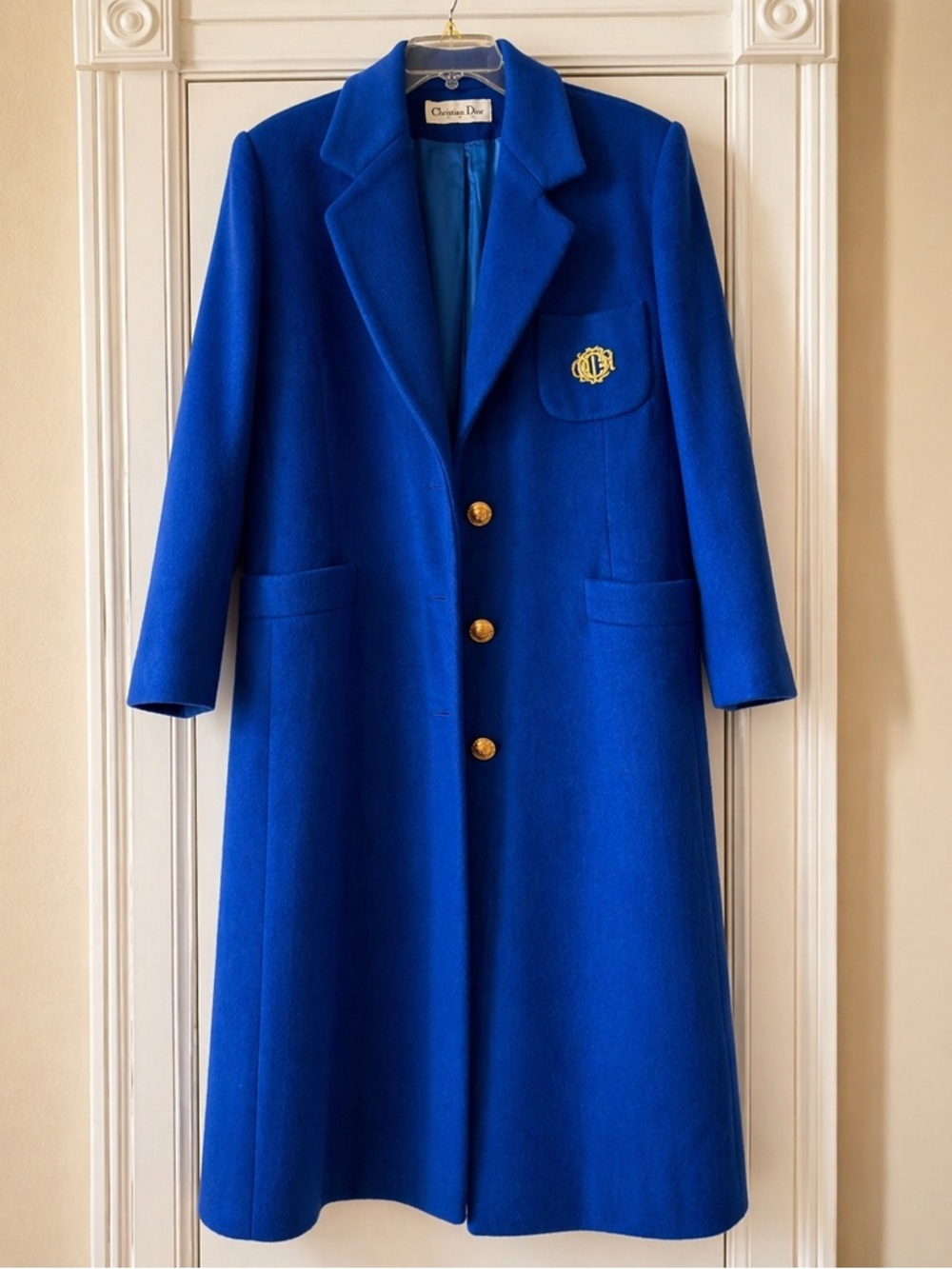 Vintage Christian Dior Boutique Royal Blue Wool Coat Gold Crest Size 14
